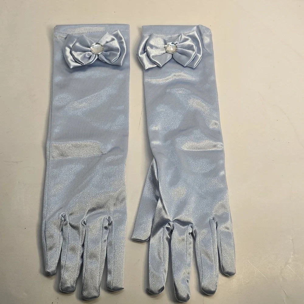 Girls Light Blue Satin Princess Gloves with Bow‎ and Rhinestone Formal Costume